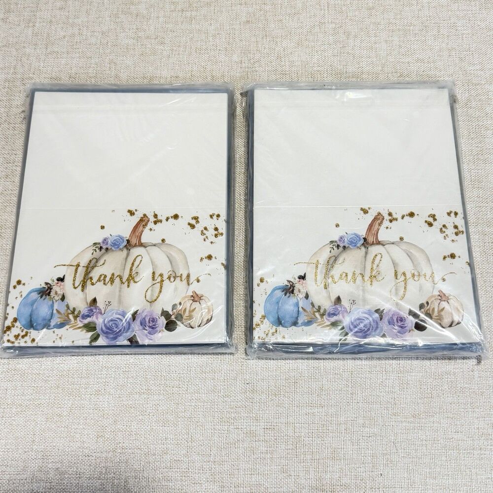 Whaline 48 Fall Thank You Cards Blue Pumpkin Floral Gold Glitter Envelopes